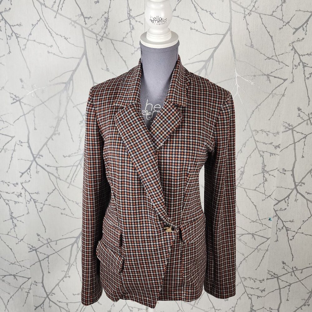 Maeve Houndstooth Collegiate Knit Stretch Wrap Style Blazer